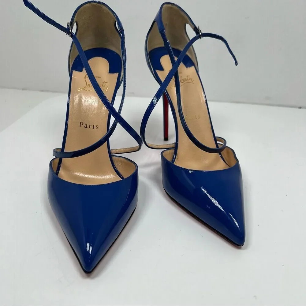 Christian Louboutin Cross Blake 100 Patent Electric Blue Strap Heel Pump Size 10 - Picture 2 of 9